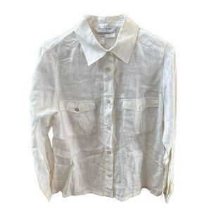 Max Mara Button Down Shirt Linen Long Sleeve Collared Pockets Ivory 12 Women